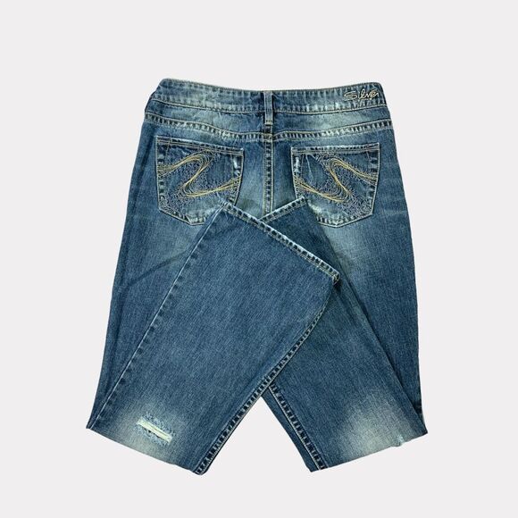Silver Jeans Denim - Silver Jeans Womens  28x32 Blue Aiko Flare Distressed Whiskered Stretch Denim‎